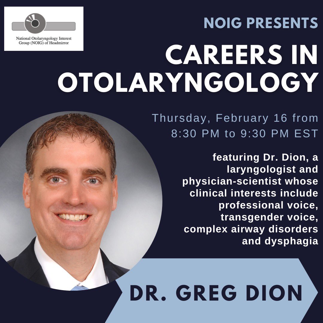 headmirror_com's tweet photo. Register for our inaugural talk highlighting the various careers paths within ENT! We are proud to introduce Dr. Greg Dion, a laryngologist and physician-scientist from the #DionLab. https://t.co/v2PzBLUU0B