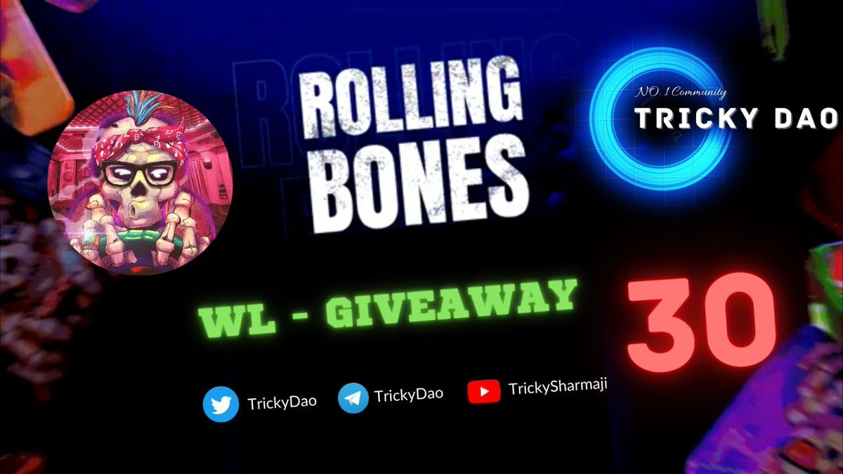 🚗  <a href="/metadriveapp/">Meta Drive & Rolling Bones</a> X <a href="/TrickyDao/">TRICKY DAO</a>

😎😎 30x Spots 😎😎

Price: FREE Mint
Supply: 6,000 Rolling Bones Avatars
Date: 15 February 2023

💀  To enter: 

1️⃣ Join :-giv.gg/trickydao-37
2️⃣ ❤️ + RT
3️⃣ Tag 3 friends

⏳ 24 hrs!

#NFTGiveaway #NFT #MetaDrive #Solana #NFTs
