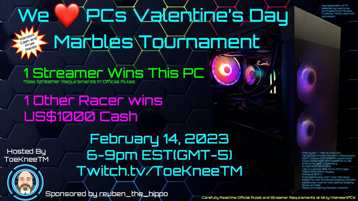 ToeKneeTM🤖 (@toekneetm) on Twitter photo #WeHeartPCs and #WeHeartStreamers
16 Race Grand Prix:
One Streamer Wins a $2500 PC from <a href="/Brparadox/">Paradox Customs</a>
One Other Racer Wins $1000 CASH
Misc:
2 FULL animated graphics packs from @MyrtleDesign (ARV$700ea)
#WishlistsDoComeTrue Raid !Challenge for Banana Suit and/or French Maid TKTM #WeHeartPCs and #WeHeartStreamers
16 Race Grand Prix:
One Streamer Wins a $2500 PC from <a href="/Brparadox/">Paradox Customs</a>
One Other Racer Wins $1000 CASH
Misc:
2 FULL animated graphics packs from @MyrtleDesign (ARV$700ea)
#WishlistsDoComeTrue Raid !Challenge for Banana Suit and/or French Maid TKTM