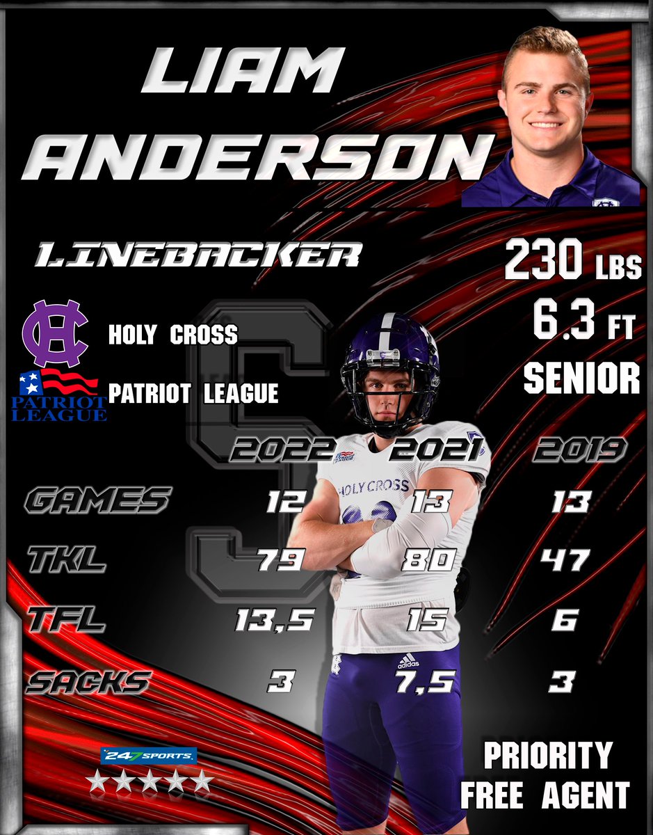 Viajamos hasta la Patriot league, mas concretamente a Worcester, para conocer a Liam Anderson @liam_andersonn , linebacker de los Crusaders de la universidad de Holy Cross. Un jugador cuyo tamaño y números llamaran la atención de la NFL.