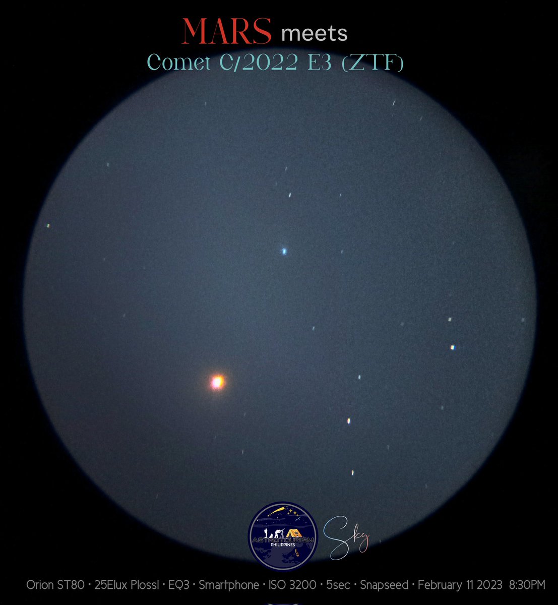 AstroTourismPH's tweet photo. The Conjunction between Mars and Comet E3 happened several hours ago under Philippine night skies (in the city) and was easily spotted under a 3-inch refractor telescope. This photo was taken using just a smartphone w/ PRO setting features. #Astrophotography #cometZTF #astronomy https://t.co/QRJo8AMorA