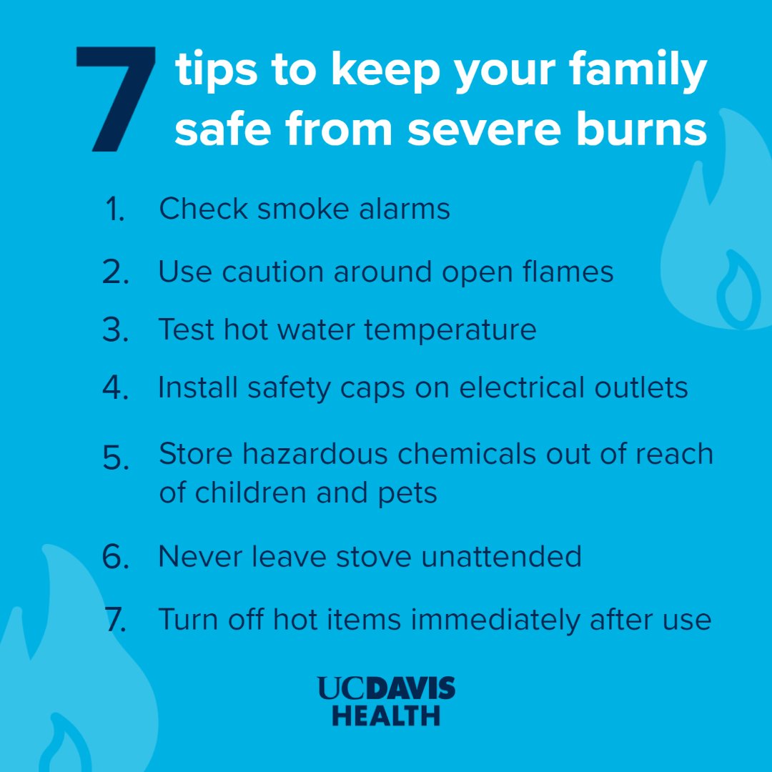 UCDavisHealth's tweet photo. Whether in the kitchen, the bathroom, or the garage, many severe burns happen at home. Here are seven tips to keep your family safe.
#BurnWeek #NBAW https://t.co/sAm7Aw9Czi