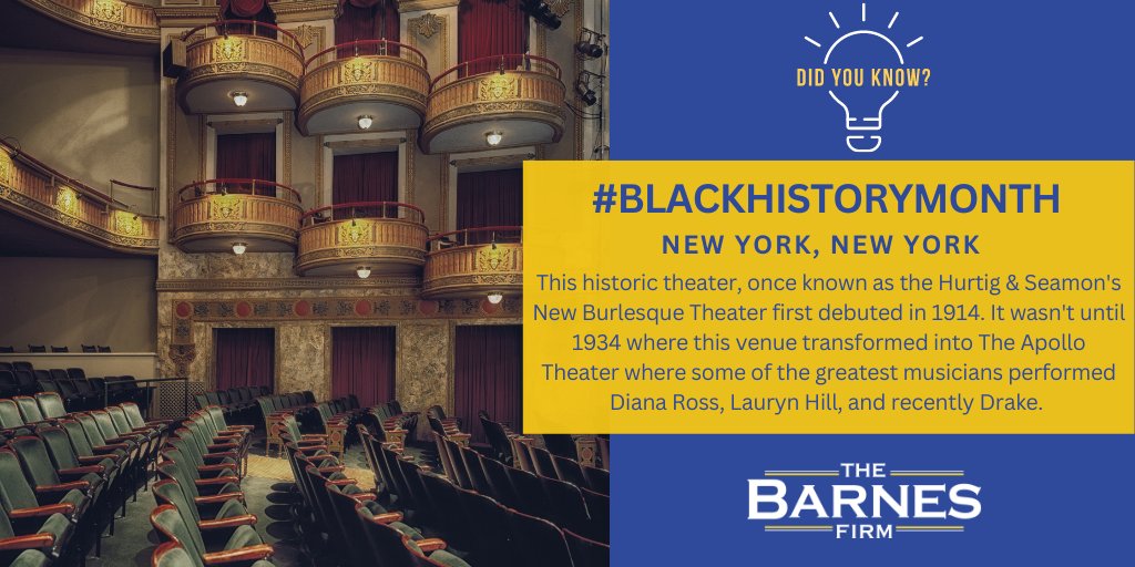 TheBarnesFirm's tweet image. The Apollo Theater has been a hotspot for greatness over the past century. From Diana Ross, to Lauryn Hill, and Drake, this historic venue has seen it all.  #BlackHistoryMonth #TheApollo #NewYork