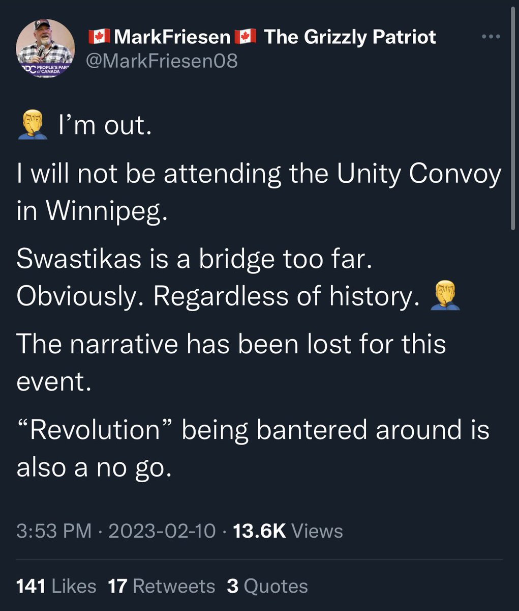 CateSask's tweet photo. You know it’s bad when Mark Friesen is distancing himself. I’ll give him a half slow clap for publicly calling this out. It’s a step in the right direction. #winnipegconvoy #globalconvoy #unityconvoy https://t.co/DSqOUe2dxh