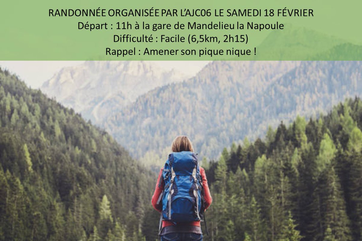 L'AJC06 organise une randonnée le samedi 18 février à 11h au départ de Mandelieu le Napoule. 

Inscription en suivant ce lien : 

forms.gle/CFrtaLh2hmQEYx…