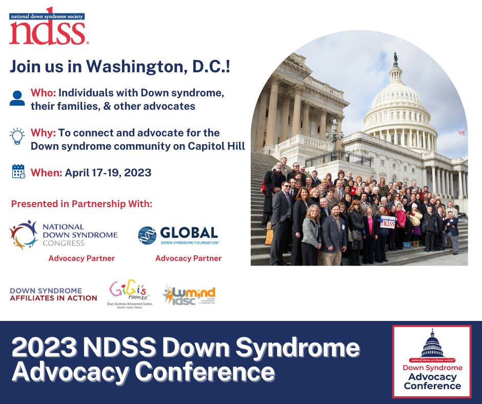 NDSC is partnering with National Down Syndrome Society, GLOBAL Down Syndrome Foundation, Down Syndrome Affiliates in Action, LuMind IDSC Foundation, and GiGi's Playhouse, Inc. to present the 2023 Down Syndrome Advocacy Conference. ndsccenter.org/political-advo….  #DSAC2023