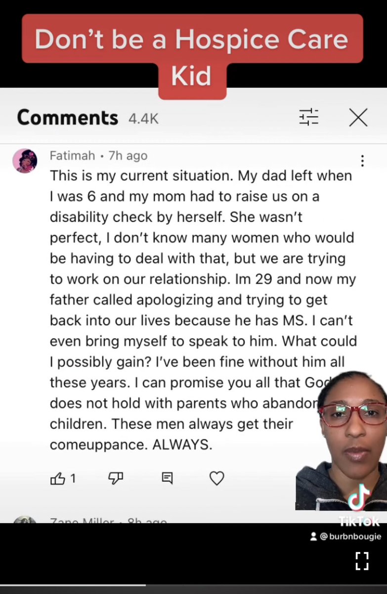 The_x_Dami's tweet photo. The talk about deadbeat dads abandoning their families reminds of this woman’s Youtube channel. Where she teaches folks abandoned by their deadbeat parent not to become a “Hospice Care Kid” when he tries to return and needs help bc he’s sick &amp; old.

Love reading the stories here: https://t.co/SC0pJBs5l1