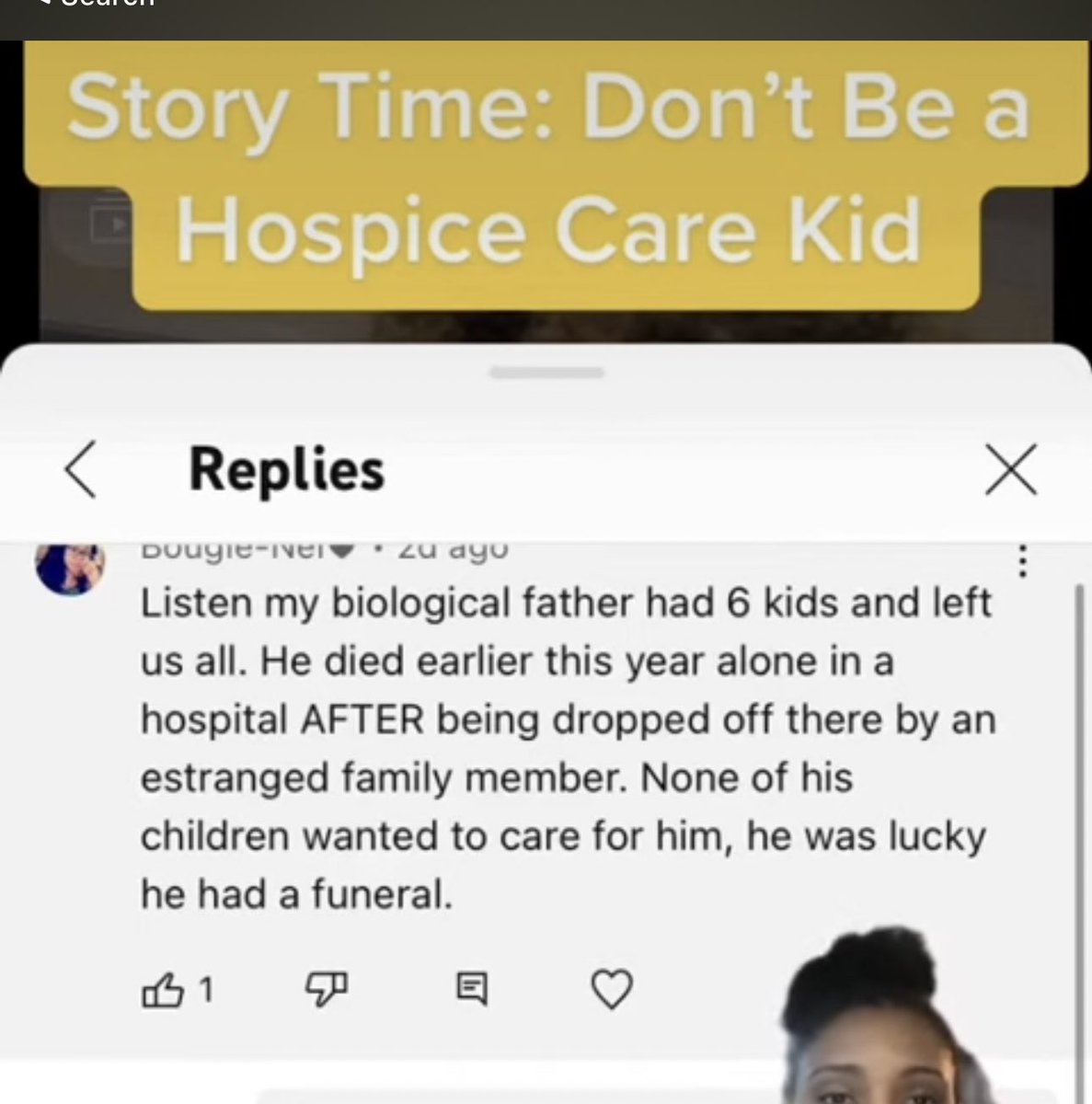 The_x_Dami's tweet photo. The talk about deadbeat dads abandoning their families reminds of this woman’s Youtube channel. Where she teaches folks abandoned by their deadbeat parent not to become a “Hospice Care Kid” when he tries to return and needs help bc he’s sick &amp; old.

Love reading the stories here: https://t.co/SC0pJBs5l1