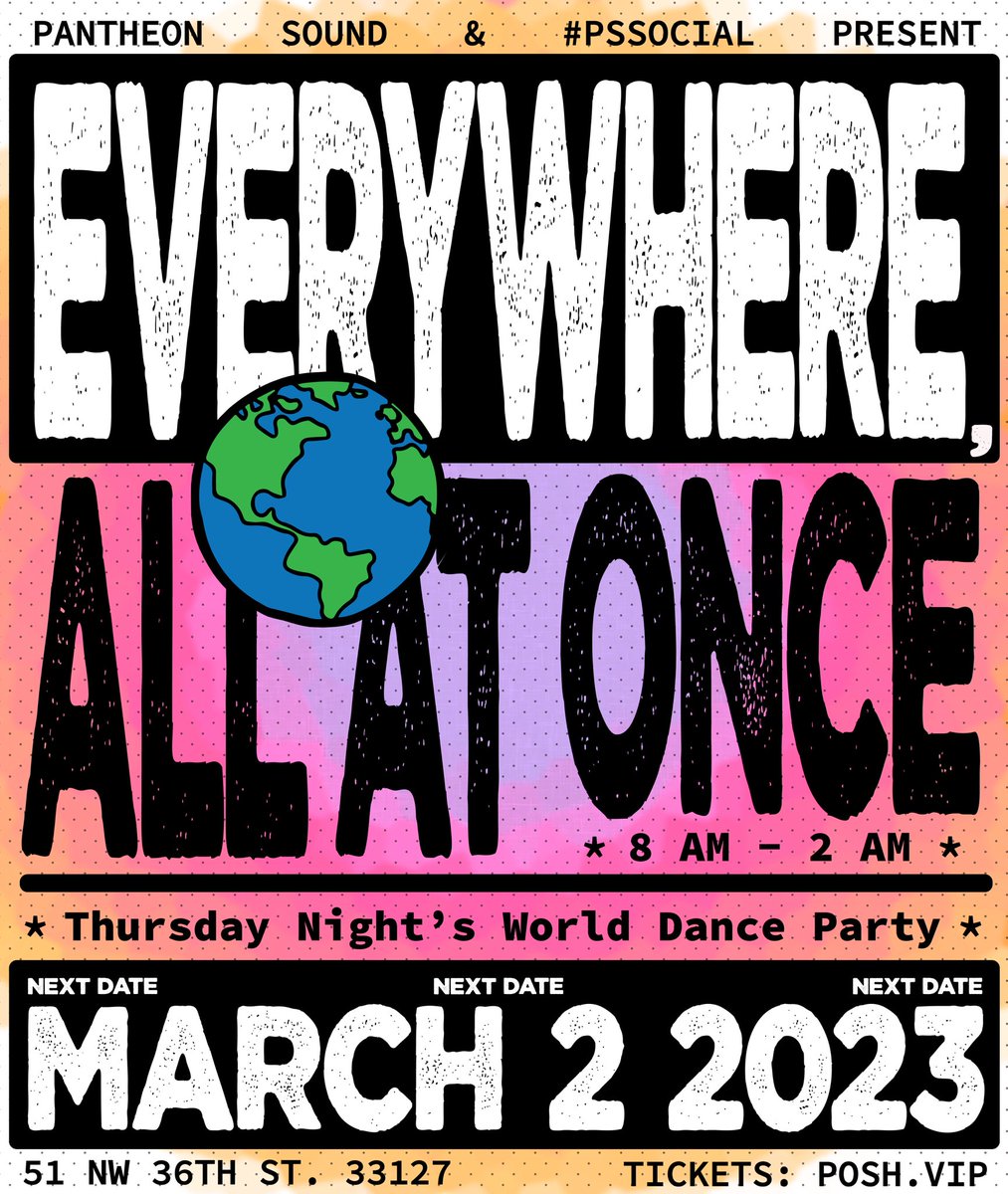 PantheonWorlds's tweet photo. #Everywhere #All #At #Once is back! 💃🪩 - Thursday, March 2nd!
This time we are taking over the Wynwood/Midtown area with our Dance Party!
#EAAO 🪩 Come out as you are on Thursday March 2nd, as we kick off our new residency at @ProminentStatus https://t.co/aLbpGadgAe