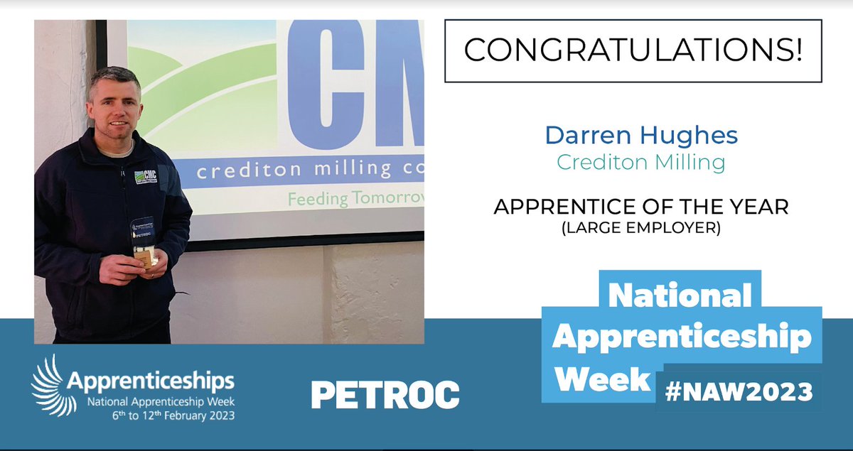 Petroc Apprenticeship Awards 2023!

We are delighted to announce the winner 🏆 of the Apprentice Employer of the Year - Large Employer: is... Darren Hughes from <a href="/CreditonMilling/">Crediton Milling</a>  

Congratulations 🎉 Darren!! 
￼
#NAW23 

petroc.ac.uk/apprenticeship…