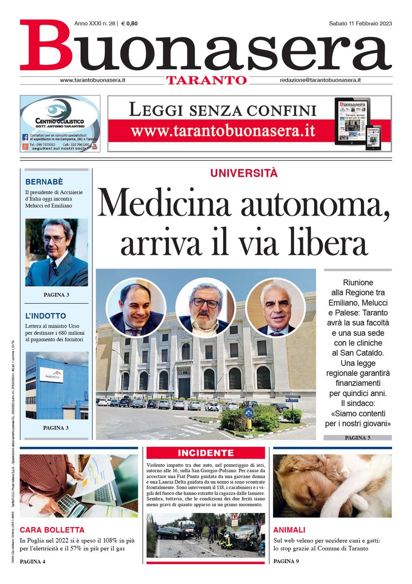 TaBuonaSera's tweet photo. Prima pagina 🔻
🔹️Medicina autonoma, via libera @micheleemiliano
@RoccoPalese1 @Rinaldo_Melucci
🔹️ @AcciaieriedIT #Bernabè incontra @micheleemiliano e #Melucci
🔹️Debutto in strada di 70 nuovi agenti @PLTaranto
🔹️Stop ai veleni anti animali su internet @ComuneTaranto https://t.co/vROC46s8eb