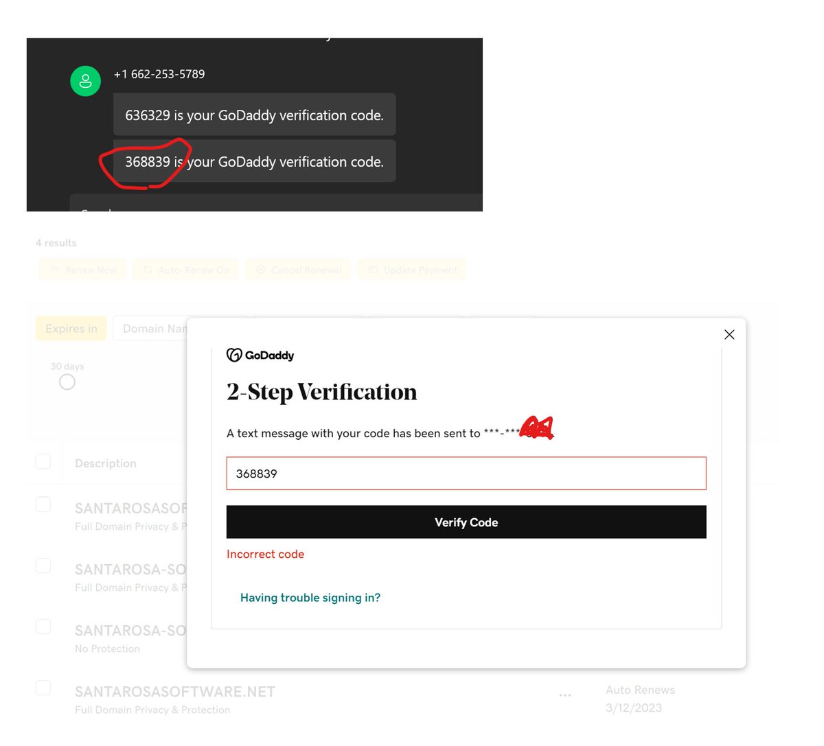 tonypdawg's tweet image. @GoDaddyHelp your tech is such garbage. This happened 2 weeks ago and I entered correct code 4 times and your site said &quot;incorrect&quot; and then you locked me out for 24 hours. #garbagetech