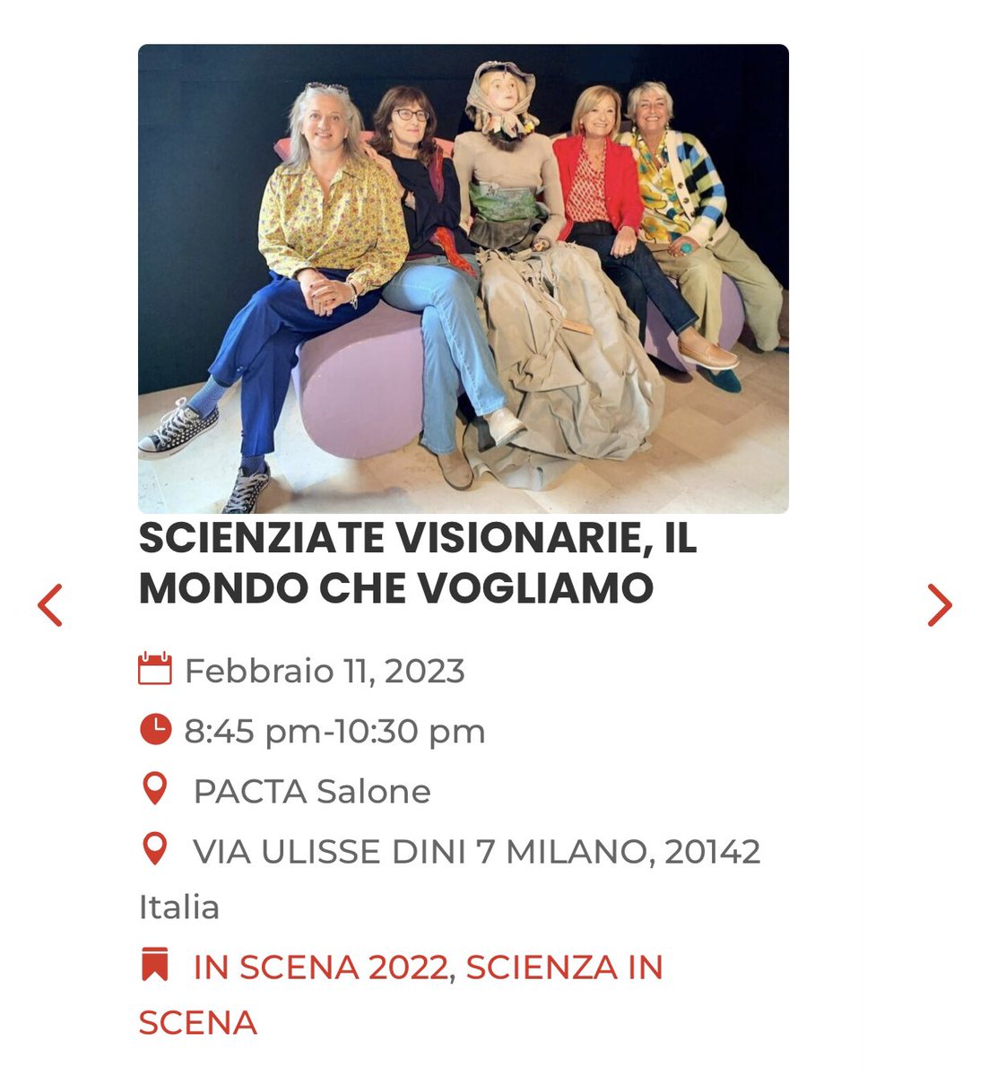 Stasera a Pacts dei Teatri, Milano, con Sara Sesti, Sabrina Presto e Cristina Mangia di Donne e Scienza. #11febbraio #donnescienza