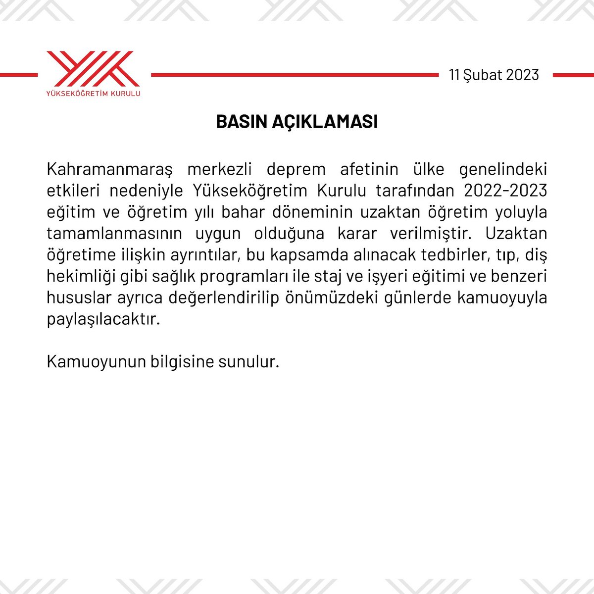 aksarayedutr's tweet photo. Kahramanmaraş merkezli #deprem afetinin ülke genelindeki etkileri nedeniyle üniversitelerimizde bahar yarıyılının uzaktan öğretim yoluyla tamamlanmasına ilişkin basın açıklaması. @ProfYusufSahin https://t.co/qjg2uGth9x