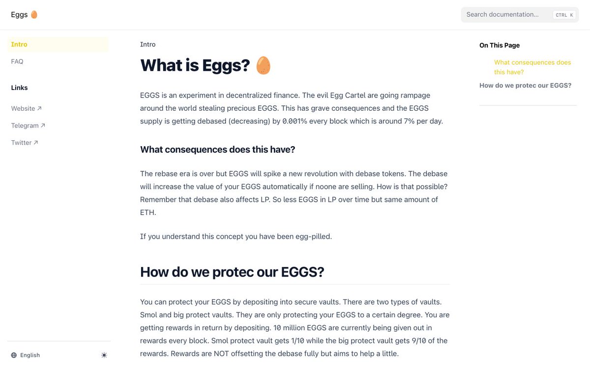 Introducing $EGGS documentation website! 🥚
Check it out here: docs.eggs.care

Everything will be Open Sourced later so everyone can improve and contribute in different languages.
We are currently supporting English and Chinese.