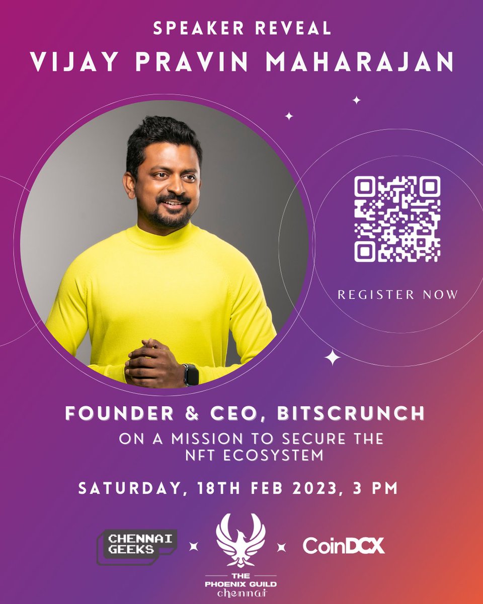 TPG_Chennai's tweet photo. Thrilled to announce @VijayPravinM as our first speaker for the TPG Chennai Chapter Launch Event! Get ready to learn from the Founder &amp; CEO of @bitsCrunch !!

Register Now: https://t.co/QkhCDAdeKn

#TPGChennai #ThePhoenixGuild #web3 #launchevent #bitsCrunch https://t.co/N3DCbVUczB