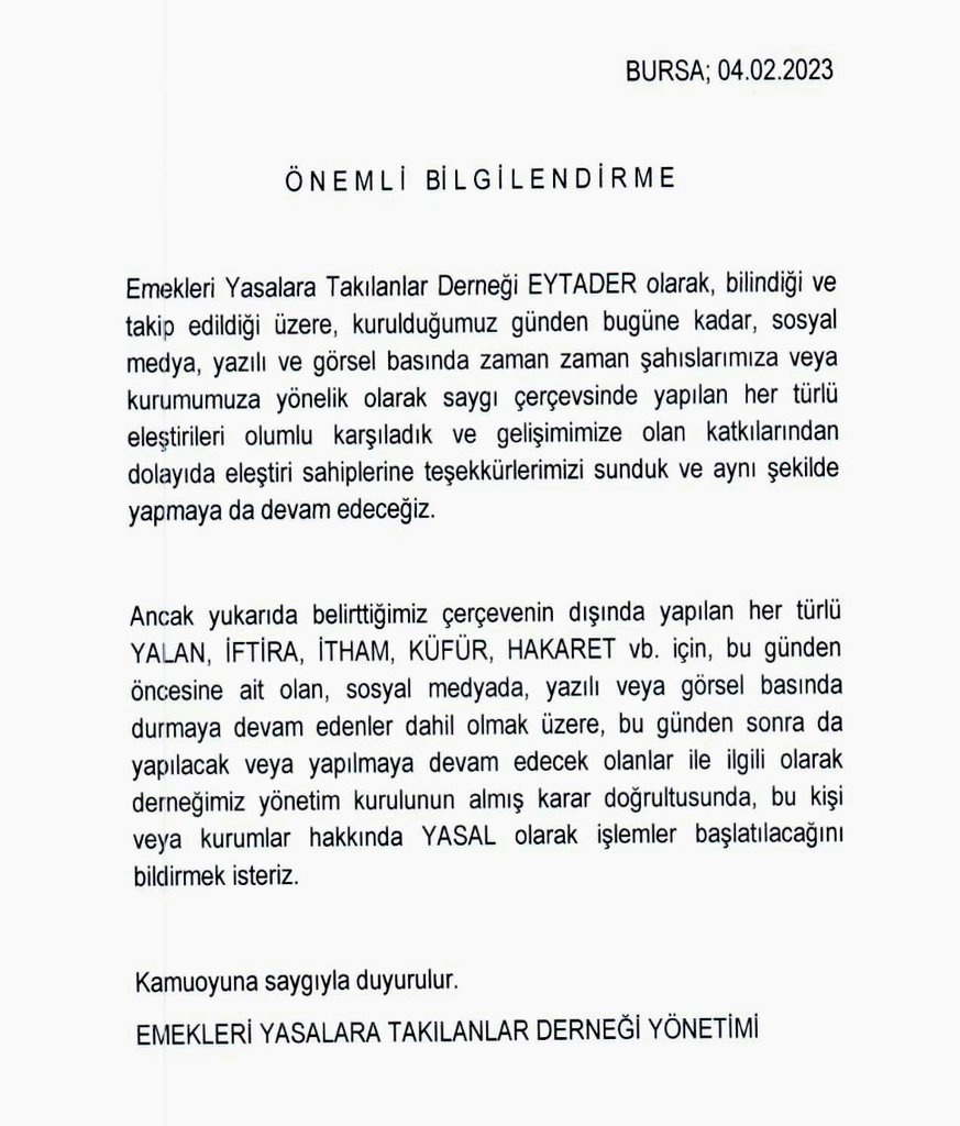♦DUYURU♦
Değerli #EmekleriYasalaraTakılanlar
Mağdur kitleyi hedef alarak yapılan,

*HAKARET
*TEHDİT
*AYRIŞTIRMA
*İFTİRA
*KİŞİ&amp;KURUMLARA YÖNELİK KIŞKIRTMA
İçeren saldırı ve paylaşımlara karşı

"HUKUKİ YOLLARLA"
Sürecin takipçisi olacağımızı,

Bilgilerinize sunarız.
<a href="/Eytadernegi/">EYTADER #EmekleriYasalaraTakılanlar Derneği</a>