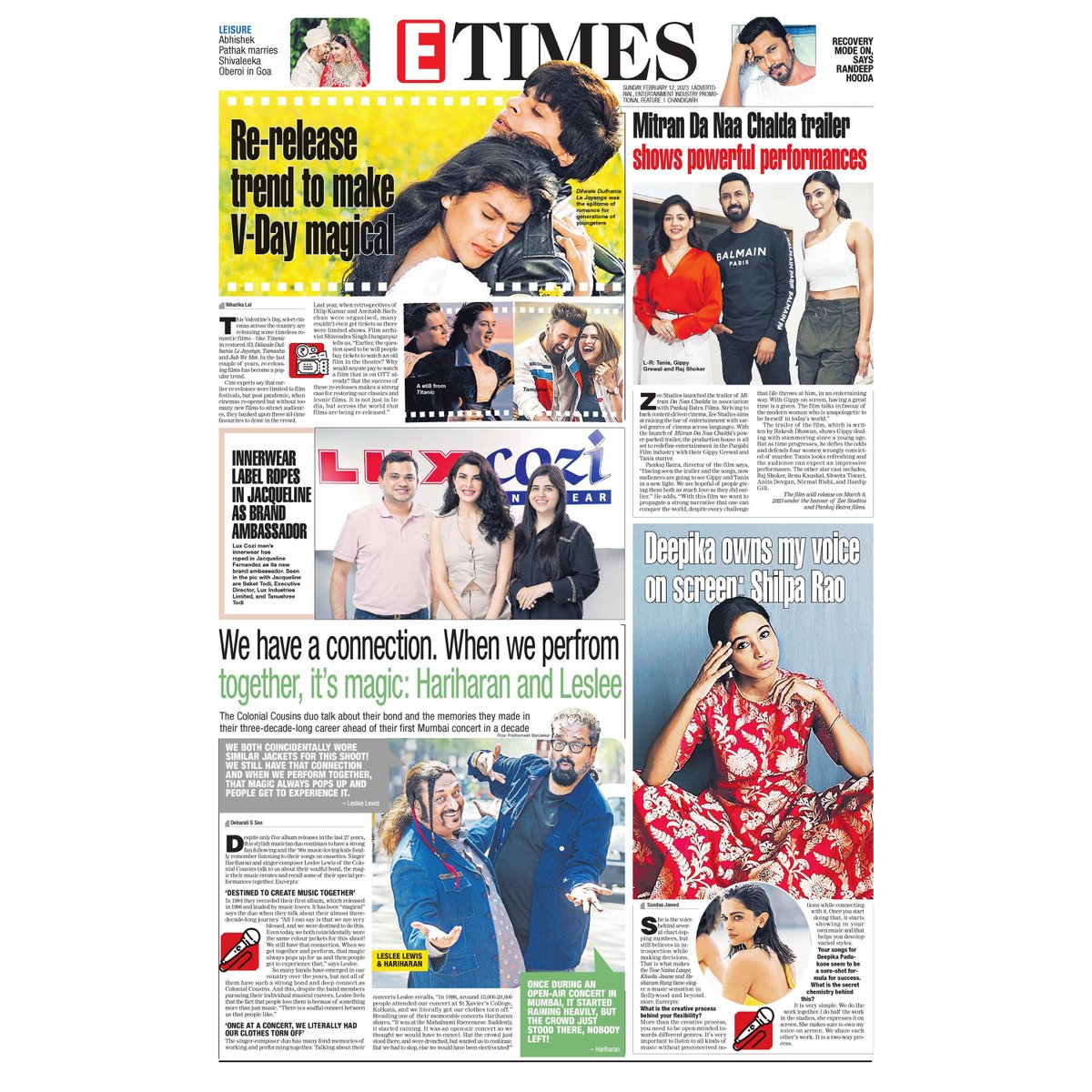 Are you missing #ETimes print edition? Log on to epaper.timesofindia.com to read...
#ValentinesDay #Shahrukhkhan #kajol #DDLJ #titanic #Tamasha #movies #Mitrandanaachalda #Gippygrewal #Tania #Rajshokar #shilparao #Deepikapadukone #hariharan #leslee #colonialcousins #music