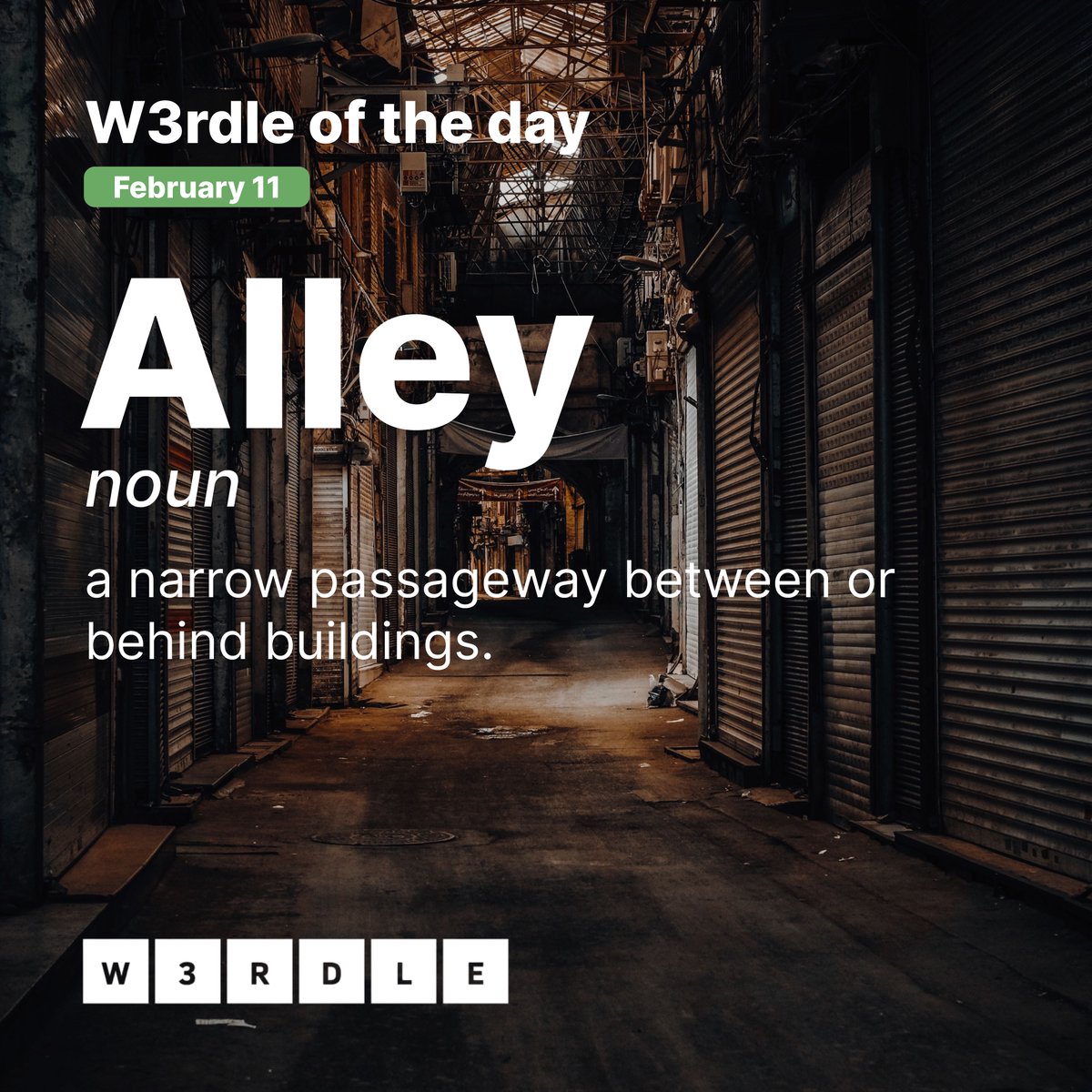 #W3rdle W3rd of the day! 💚

Alleys are like a hidden passage through the city 🌆 

Reminder to those who have access to our whitelist to visit w3rdle.com to mint. 💚

#NFT #DigitalCollectible #W3rdle #NFTCommunity