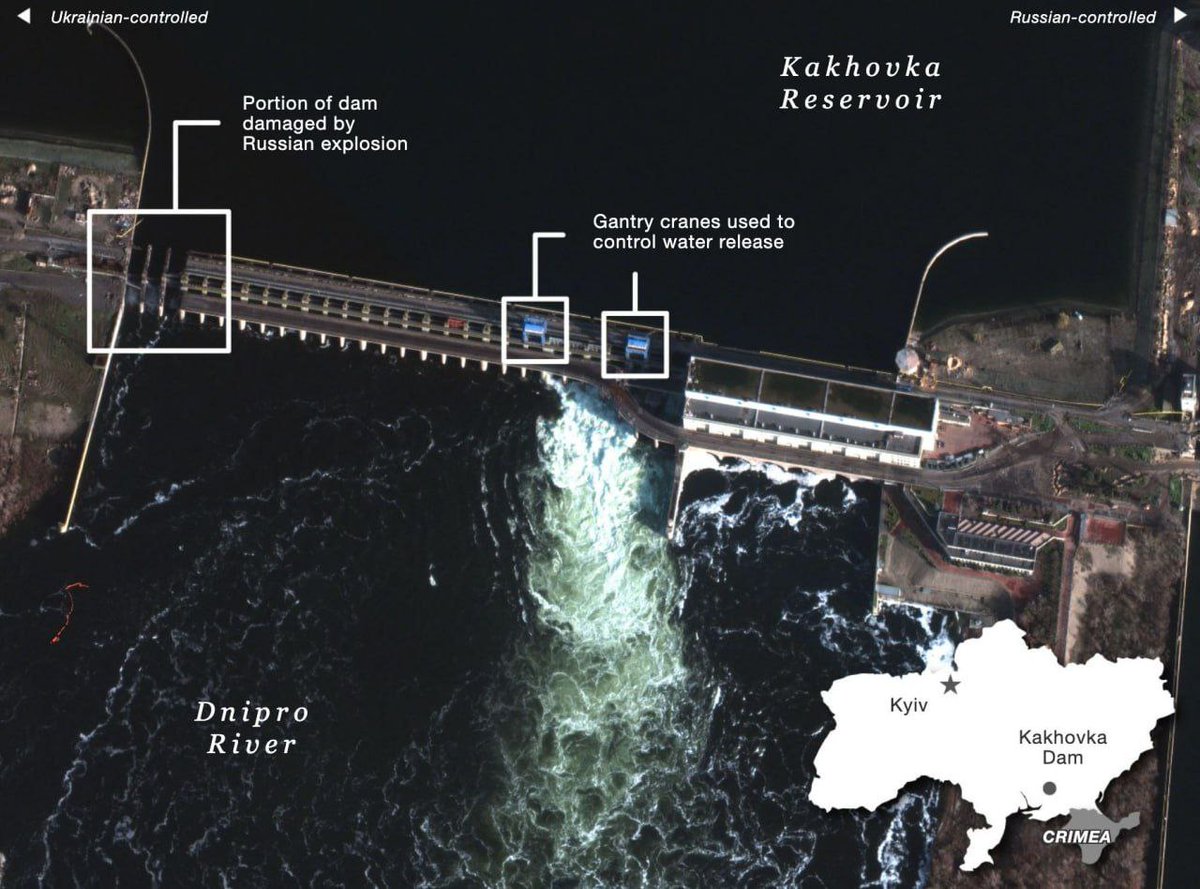 Gerashchenko_en's tweet photo. Russia is draining water from Kakhovka reservoir on temporarily occupied territories

This puts in danger the cooling system at the Zaporizhzhia Nuclear Power Plant, irrigation for nearly half-a-million acres of farmland and drinking water for many people

https://t.co/5BATcGAxPc https://t.co/y0mLNBLENU