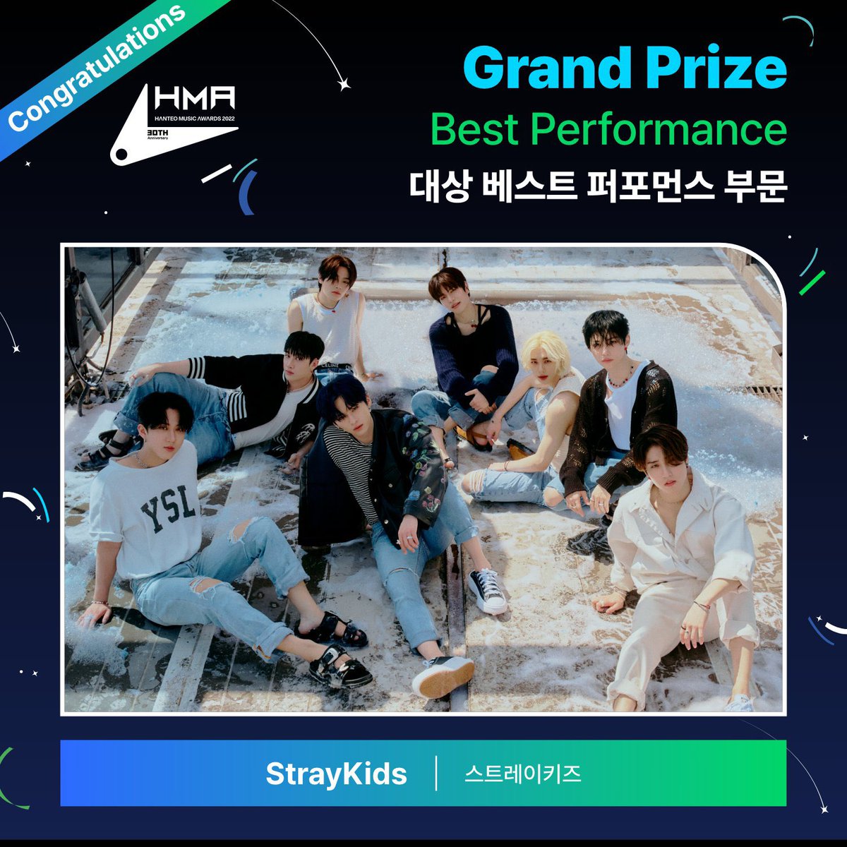 StrayKidsFrance's tweet photo. 🏆 Félicitations à @Stray_Kids qui remporte le Grand Prix du ‘Best Performance (Daesang)’ au 2022 Hanteo Music Awards! 🎉

#StrayKids #스트레이키즈 https://t.co/XkUuZCqtqM