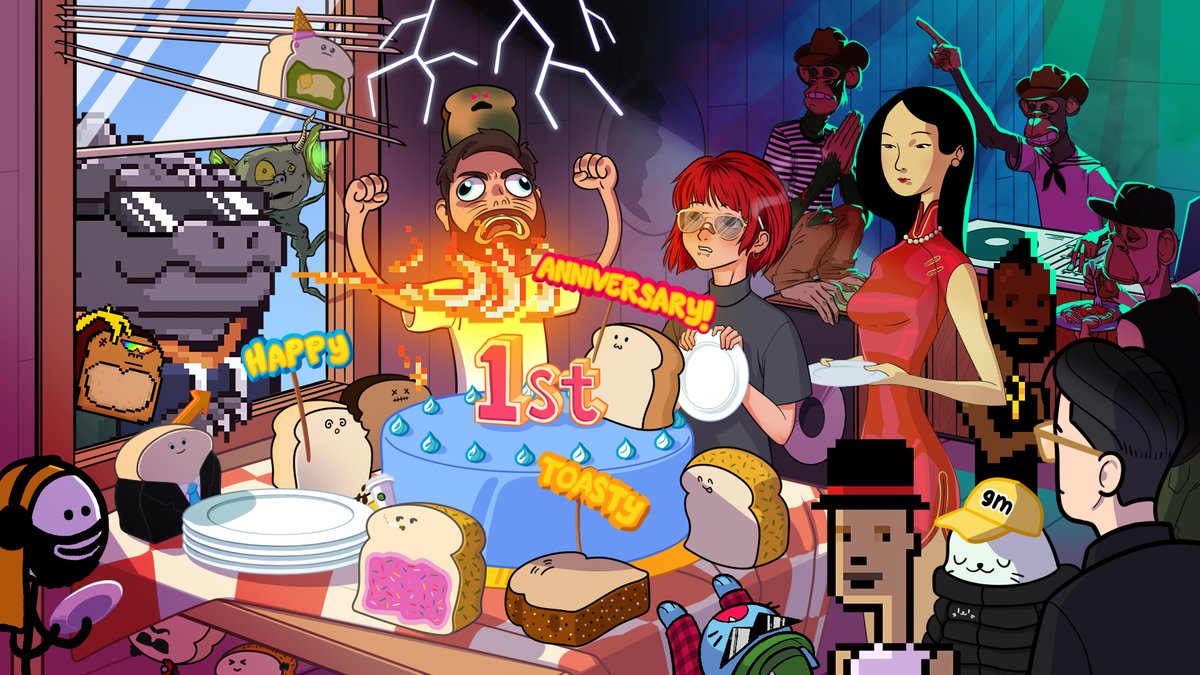tastytoastys's tweet photo. gm Toastys, it's still our birthday week &amp; the party rages on!🎈🎂🍞

Check your hidden folders ✨

This first anniversary piece pays homage to a handful of very special supporters (and there are so many of you we couldn't fit in). 💖

Who do you recognise? 👀 Answers below: https://t.co/Vuv3YvvVG6