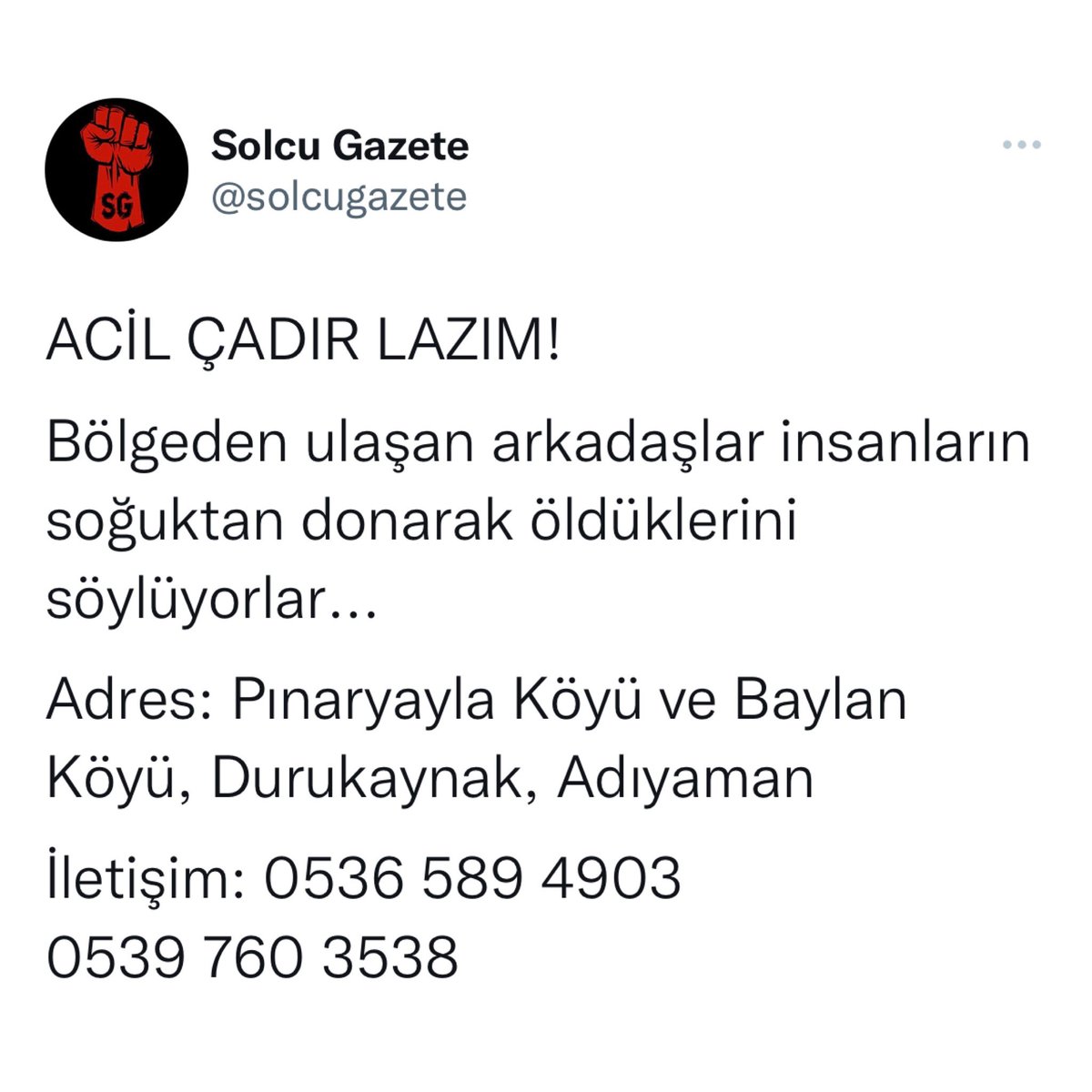 solcugazete's tweet photo. Köylerin sesini duyun, duyurun.
İnsanların çadıra, yiyeceğe ve giyeceğe ihtiyacı var!

#KöylerYardımİstiyor https://t.co/c56MK89TAa