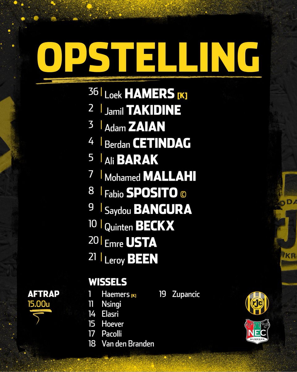 RodaJC_Academie's tweet photo. 𝗢𝗣𝗦𝗧𝗘𝗟𝗟𝗜𝗡𝗚𝗚𝗚 ⚡️

De volgende 11 namen staan om 15:00 aan de aftrap van het duel Roda JC O21 - NEC O21. 👇🏻

#RODNEC #RodaJC #OnzeToekomst https://t.co/CVyUN94jNz