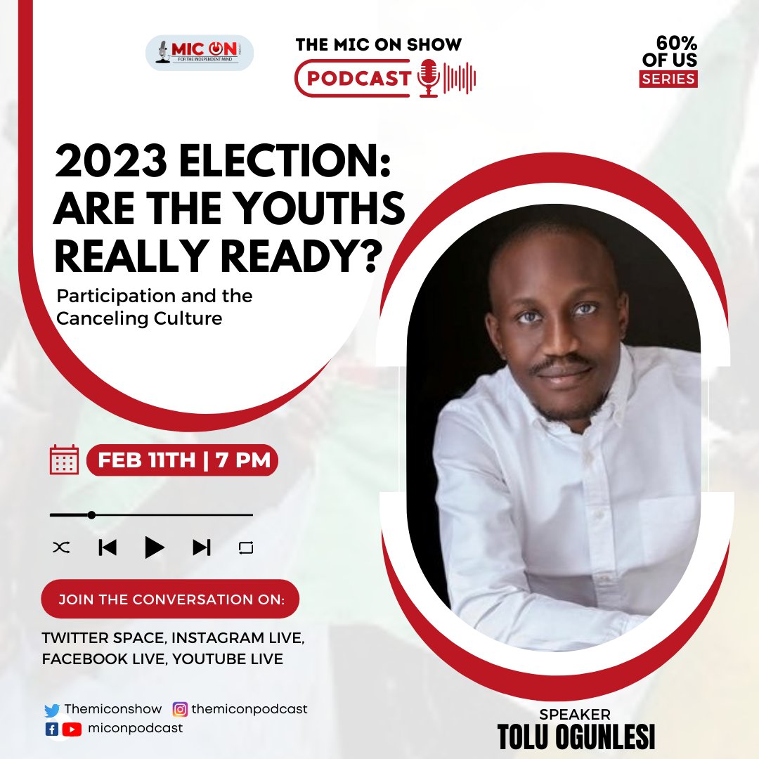 7pm tonight, on the <a href="/Themiconshow/">MIC ON PODCAST</a> with <a href="/seunokin/">SeunOkin Channels tv</a>. Join the conversation on Twitter, Instagram, YouTube and Facebook. We will be discussing youth participation in politics and governance in Nigeria.