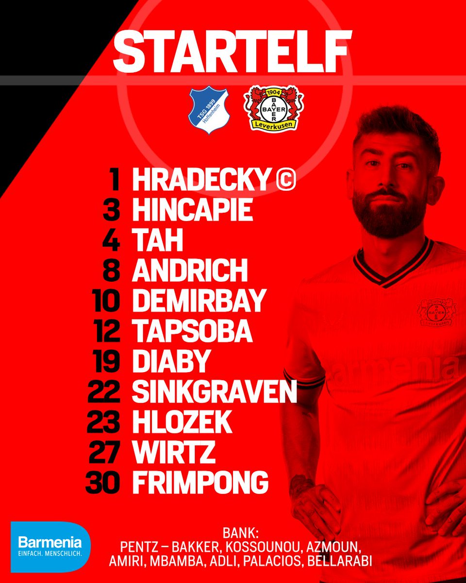 bayer04fussball's tweet image. ⚫️🔴 Mit dieser 1️⃣1️⃣ gehen wir ins Spiel gegen die @tsghoffenheim. 🔥

🔜 #TSGB04 | #Bayer04 | #Werkself