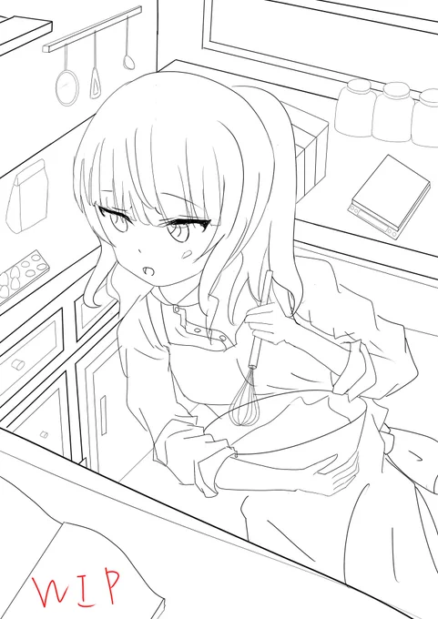 🧚‍♂️{線画WIP シャロちポニテに修正💁‍♂️料理感意識👀✨ リゼちゃを眠くなるまで線画にして寝ます🧚‍♂️🧚‍♂️🧚‍♂️ 明日も早いので😪😪😪  #gochiusa #イラスト