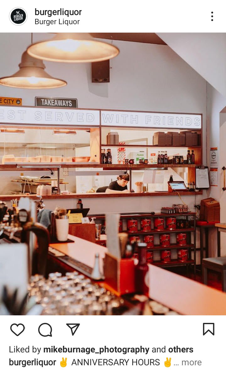 Burger Liquor IG. Photo of someone preparing food in the kitchen. Caption reads "Anniversary Hours" 