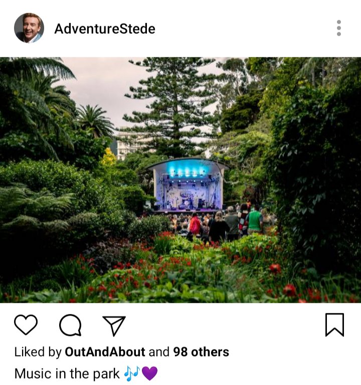 Stede's IG : Picture of a stage and small crowd in outdoor garden. Caption reads "music in the park!" 