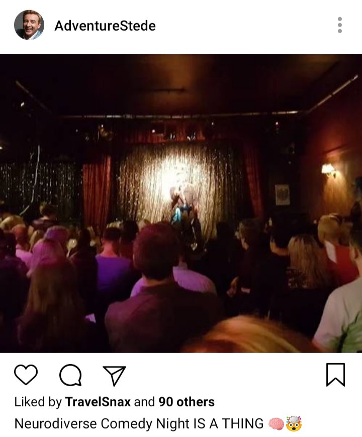 Stede's IG shot of stage at Fringe Club in Wellington. Caption reads "Neurodiverse Comedy is a thing!" 