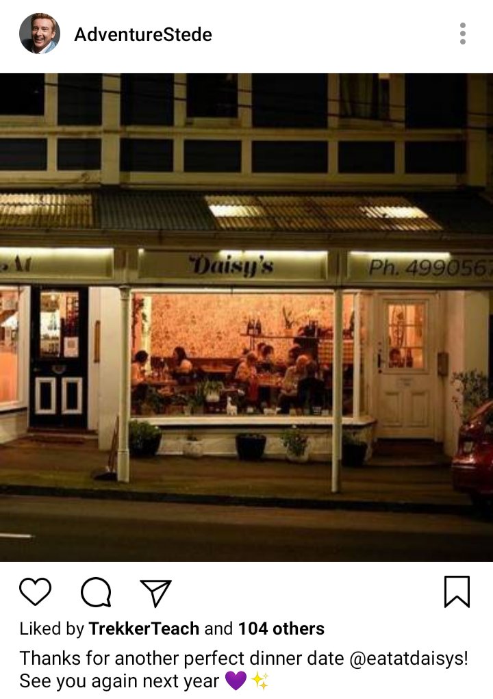 Stede's IG. Photo of Daisy's from the street. Caption reads "Thanks for another perfect dinner date @eatstdaisys! See you again next year💜✨