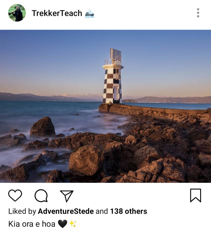 Ed's IG. Photo of lighthouse at dusk. Caption reads "kia ora e hoa🖤✨" 
