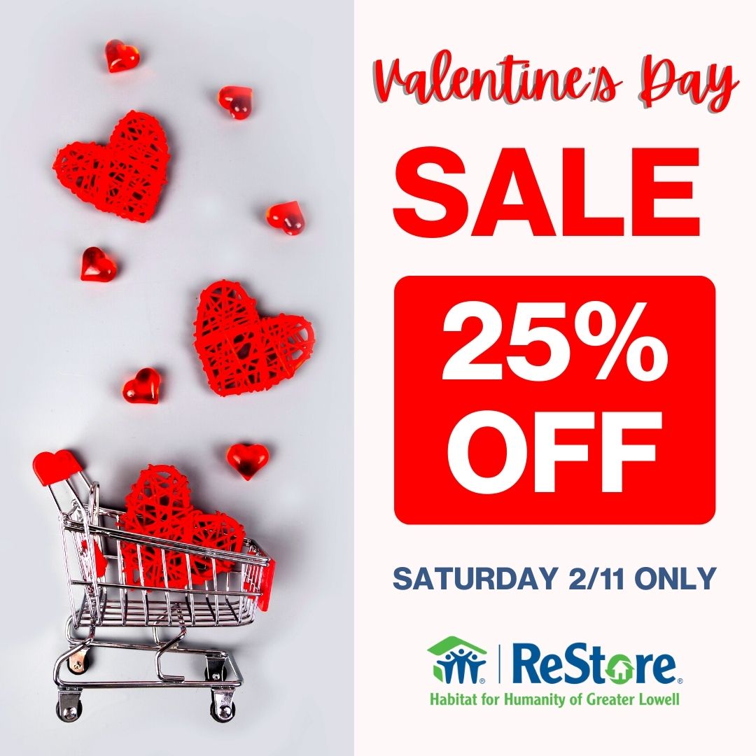 ReStoreHFHGL's tweet photo. TODAY ONLY!!! We're celebrating Valentine's Day early with our "Heart Sale." If you have a heart, you get 25% off! Just ask for our Valentine's Day discount. #valentinesday #haveaheart #habitatrestore #sale https://t.co/YOpzRykFSA