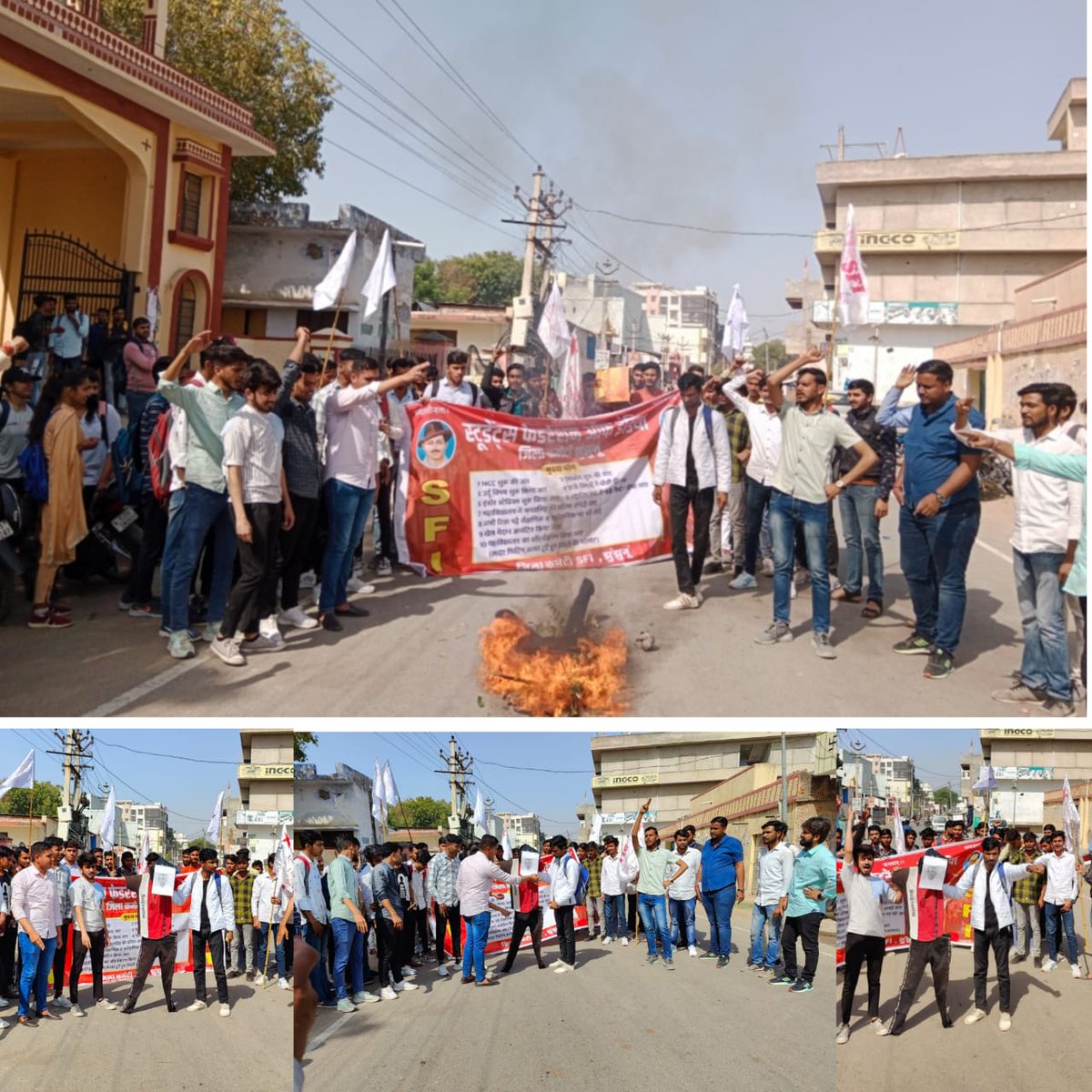 IntjarSfi's tweet photo. राजकीय महाविद्यालय झुंझुनूं में एनसीसी, एमकॉम व उर्दू विषय को बजट में शामिल नहीं करने पर स्थानीय विधायक व राज्य परिवहन मंत्री बृजेंद्र ओला का पुतला फूंका।@ashokgehlot51 @Brijendra_ola @SachinPilot @SFIRajasthan @SFI_CEC @GovindDotasra @DrBDKallaINC @mdchopdarinc 
@SFIRajasthan https://t.co/vI0fA1TBWq