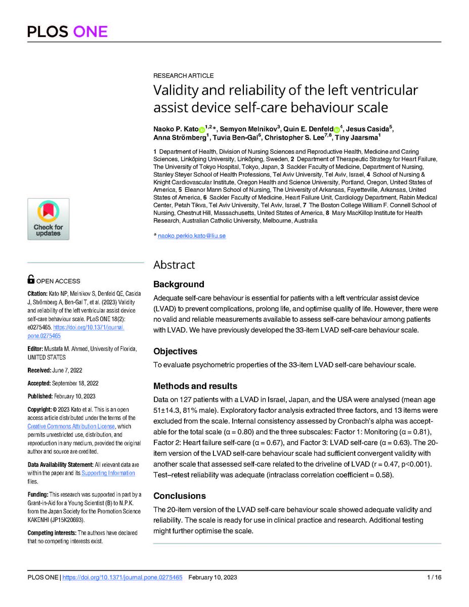 Delighted to share our new article about the #LVAD #selfcare scale 🇮🇱🇺🇸🇯🇵! Many thanks to all of you! @DrJaarsma @prof_stromberg @quin_denfeld @SemyonMelnikov6 @csleern @JessieCasida @LiU_CircM @CESARSweden 👉doi.org/10.1371/journa…