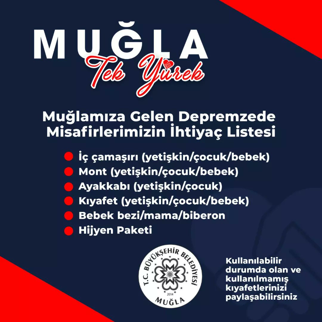 muglabsb's tweet image. Deprem bölgesinden Muğla’mıza gelen misafirlerimizin ihtiyaç listesini sizlerle paylaşıyoruz.