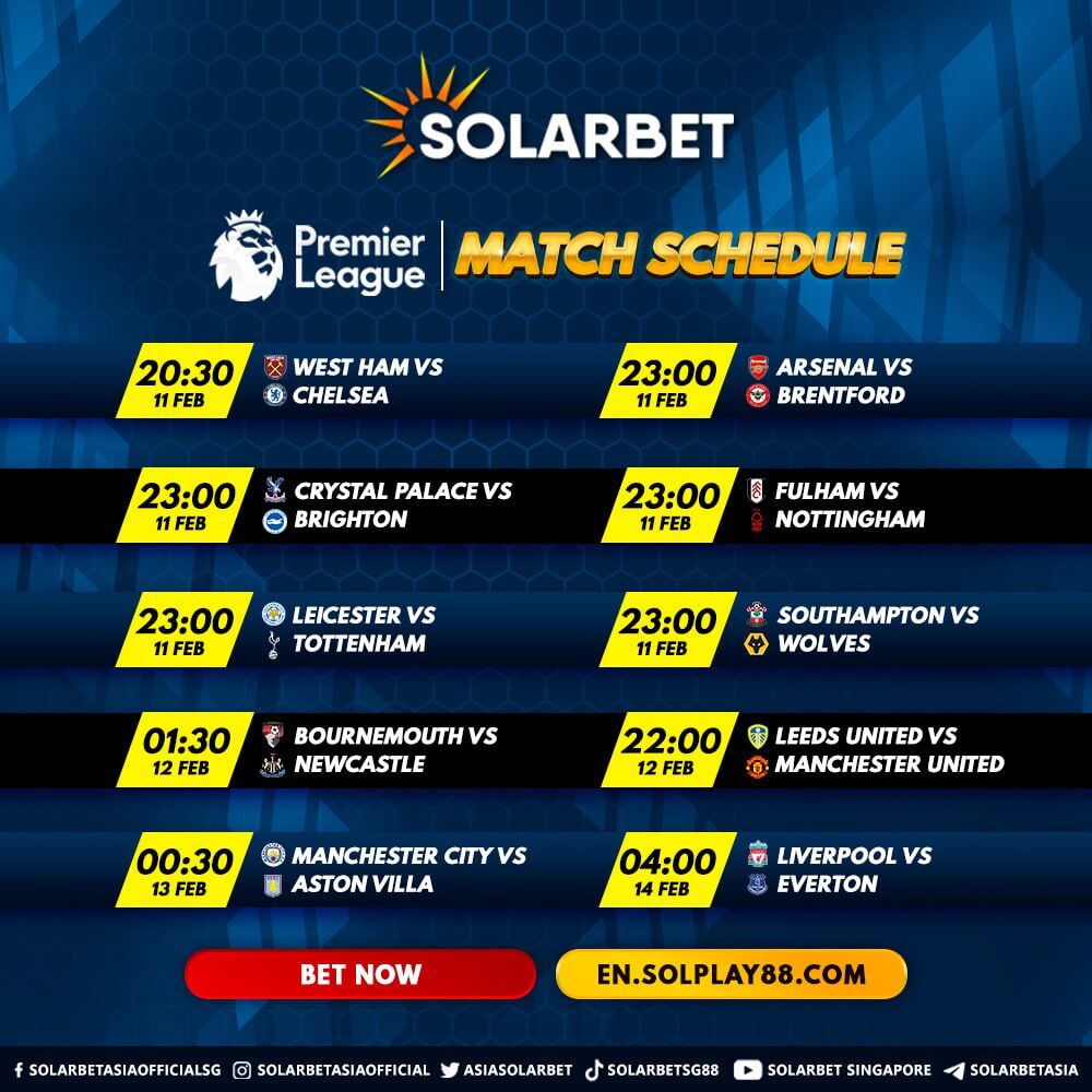 AsiaSolarbet's tweet photo. EPL action alert!🚨 Feb 11-14, catch thrilling matches. Don't miss your fave teams &amp; players in action.🔥🏆 

☎️ Contact our Live Chat Customer Service for assistance
#solarbet #freecredits #casino #onlinecasino #casinosg #freecredits #free #onlinecasinosingapore #singapore #slot https://t.co/8EPrhGKmJW