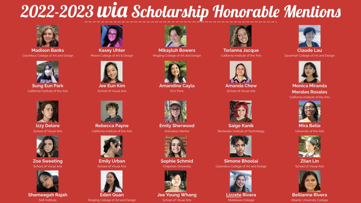 wia_animation's tweet image. Congratulations to the 2022-2023 WIA Scholarship Program Winners and Honorable Mentions!

Learn more about these deserving students and our scholarship program here ---&amp;gt; womeninanimation.org/scholarship/