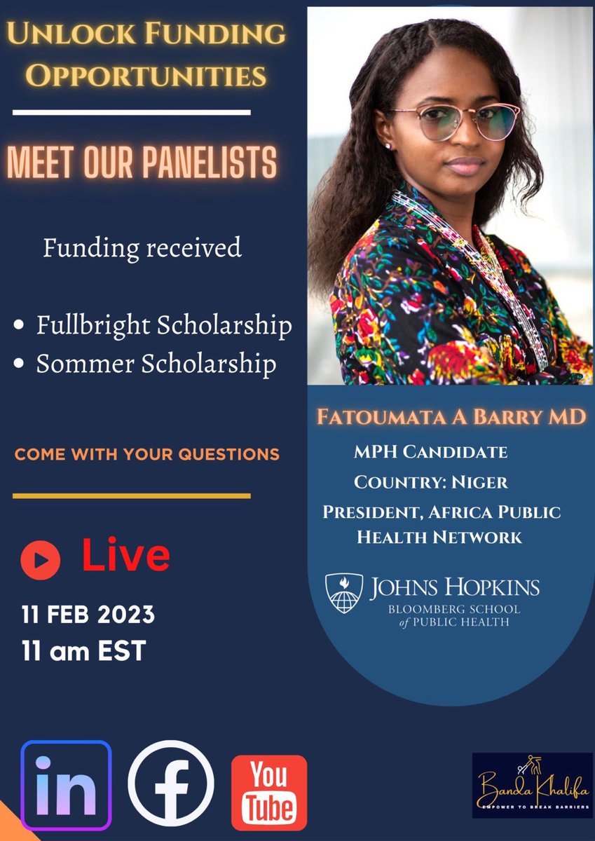 barry_adelle's tweet image. Join us live today with @aphn_jhsph and DrBanda to discuss funding opportunities for #gradschool. I will share my experience as #Fulbright at @IUBloomington and #Fulbright &amp;amp;    #Sommer Scholar at @JohnsHopkinsSPH today 11:00 am