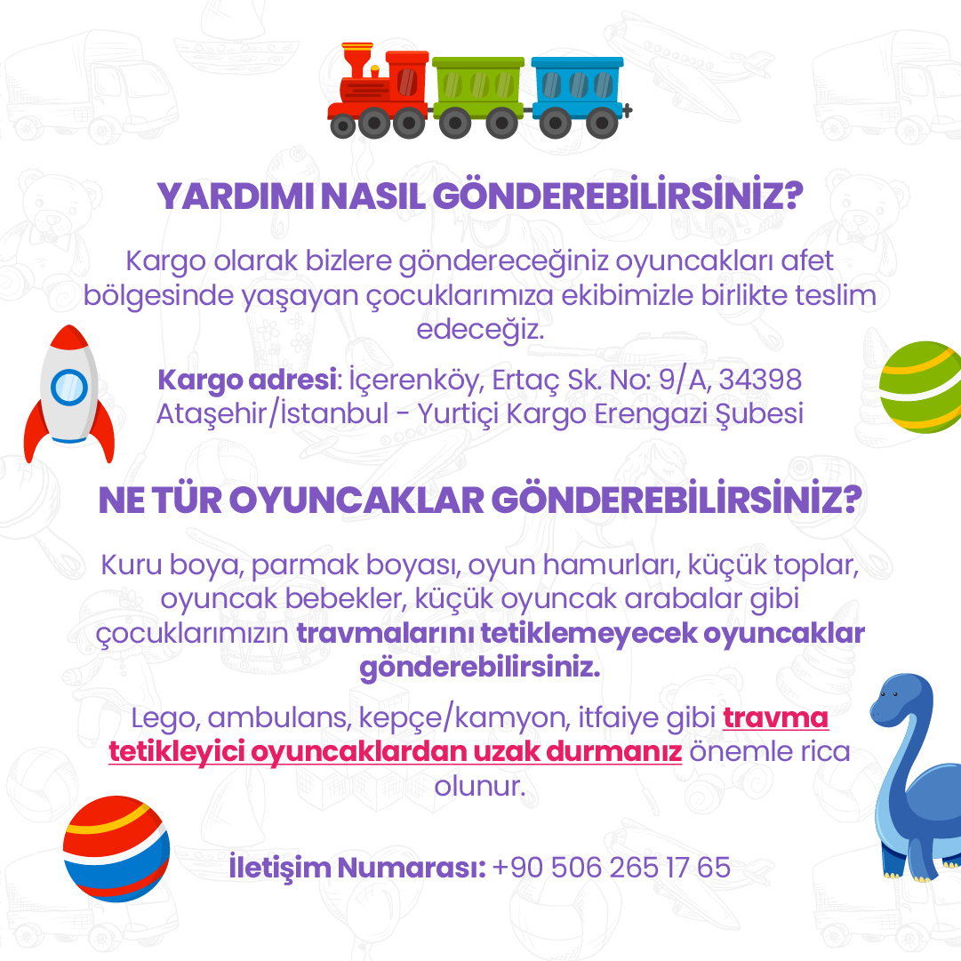 ÇOCUKLARIMIZ İÇİN HEP BİRLİKTE!

Traddybear olarak sizlerin de destekleriyle, afet bölgelerinde yaşayan çocuklarımızın yüzünü bir parça da olsa güldürebilmek için Oyuncak Kampanyası başlatıyoruz.