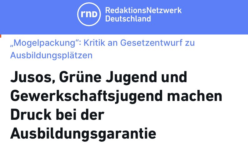 Schluss mit der Mogelpackung - her mit einer echten Ausbildungsgarantie! ✊

„Diese muss wirklich für mehr gute, betriebliche Ausbildungsplätze sorgen und jedem jungen Menschen den Anspruch darauf garantieren“, fordert unsere Bundessprecherin @xsarahleee mit @jusos & @DGBJugend!