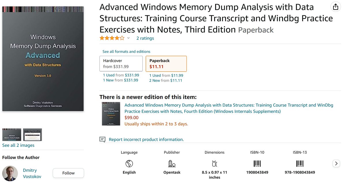 DumpAnalysis's tweet photo. Amazon seems to have overstocked my previous 5-year-old edition of Advanced Windows Memory Dump Analysis with Data Structures. However, most of its content is still valid for memory dump analysis. #helpamazon https://t.co/R2KctE74vU