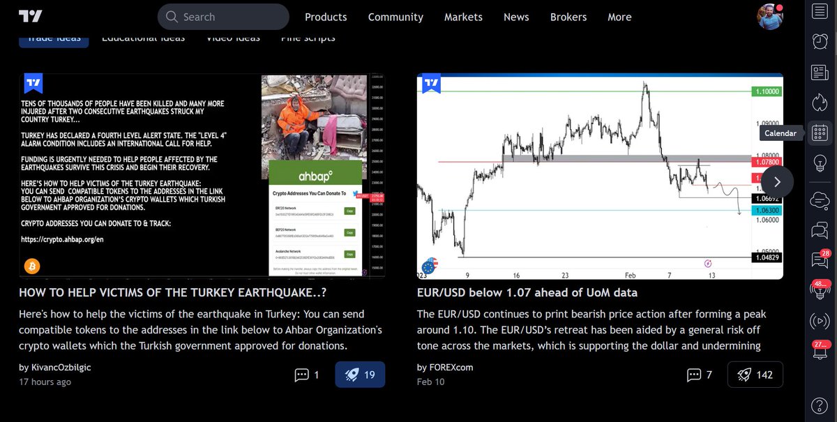 TradingView deprem yardım çağrısını ana sayfasına koydu arkadaşlar. 

Şimdiye kadar onlarca indikatör ve strateji yayınladığım  <a href="/tradingview/">TradingView</a> 'da, yetkililerin önerisi ile ilk defa bir fikir yayınladım ve hemen ana sayfaya, editörün seçtikleri bölümüne eklediler sağ olsunlar. 🙏💙