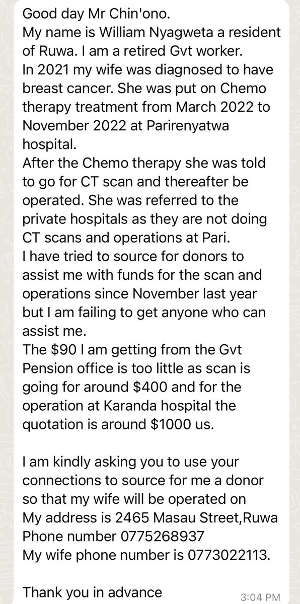 daddyhope's tweet photo. Please read the message below and RETWEET it to assist this lady and needing help.
The husband wrote to me this afternoon.

If you can assist her, please call her or her husband on +263 775 268 937 or the lady who is battling cancer on +263 773 022 113.

The system has collapsed! https://t.co/yZAlv5OYal