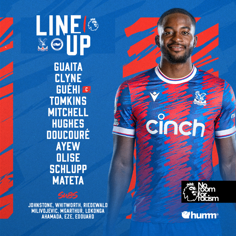 CPFC's tweet photo. The XI for #CRYBHA 💪

📲 @shophumm

#CPFC | #NoRoomForRacism