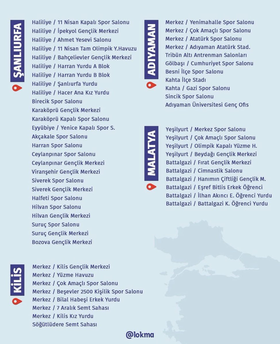 👇 Afet bölgelerinde sıcak yemek bulabileceğiniz yerler: 

Hatay 
Gaziantep
Kahramanmaraş 
Osmaniye
Şanlıurfa
Kilis
Adıyaman
Malatya

Kaynak: Gençlik ve Spor Bakanlığı